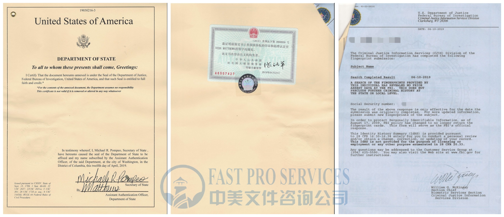中美文件谘询公司Fast Pro Services -无犯罪证明领事馆认证
